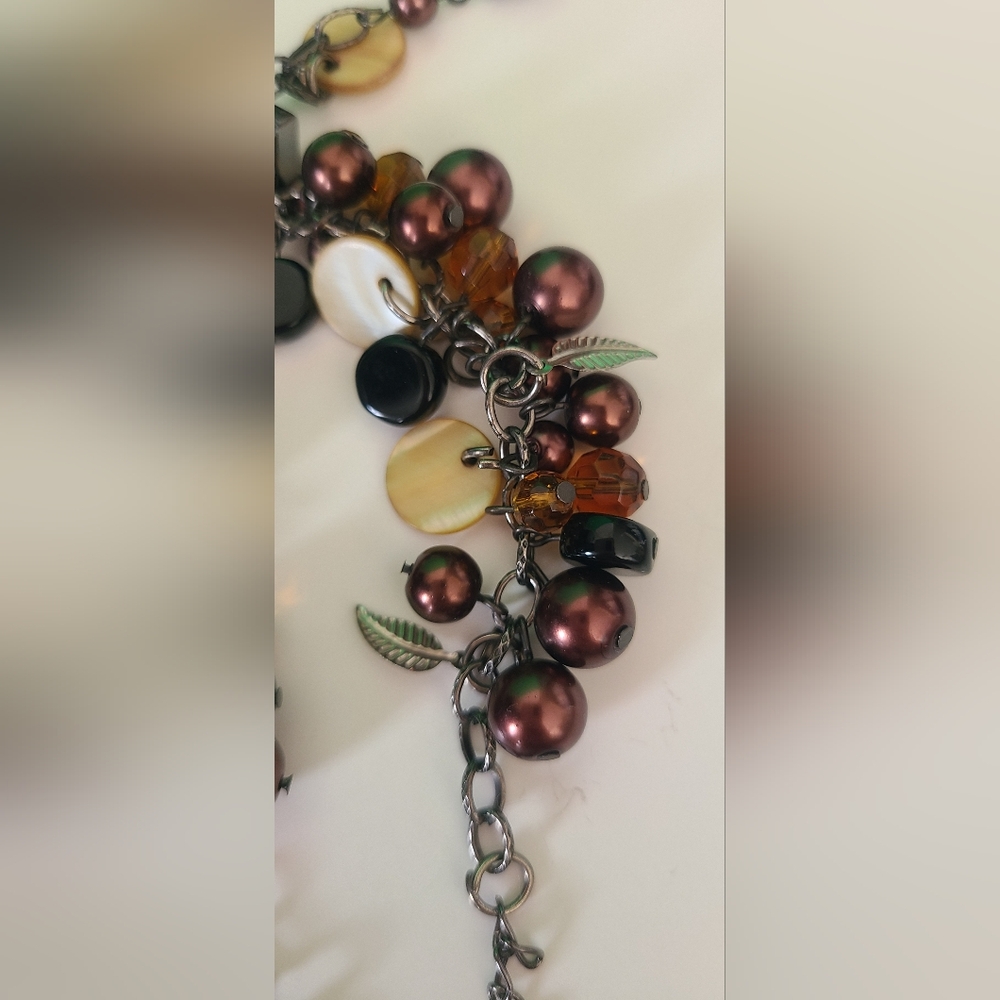 Beautiful Autumn Harvest Bracelet Chocolate Pearl Amber crystal black onyx leaf